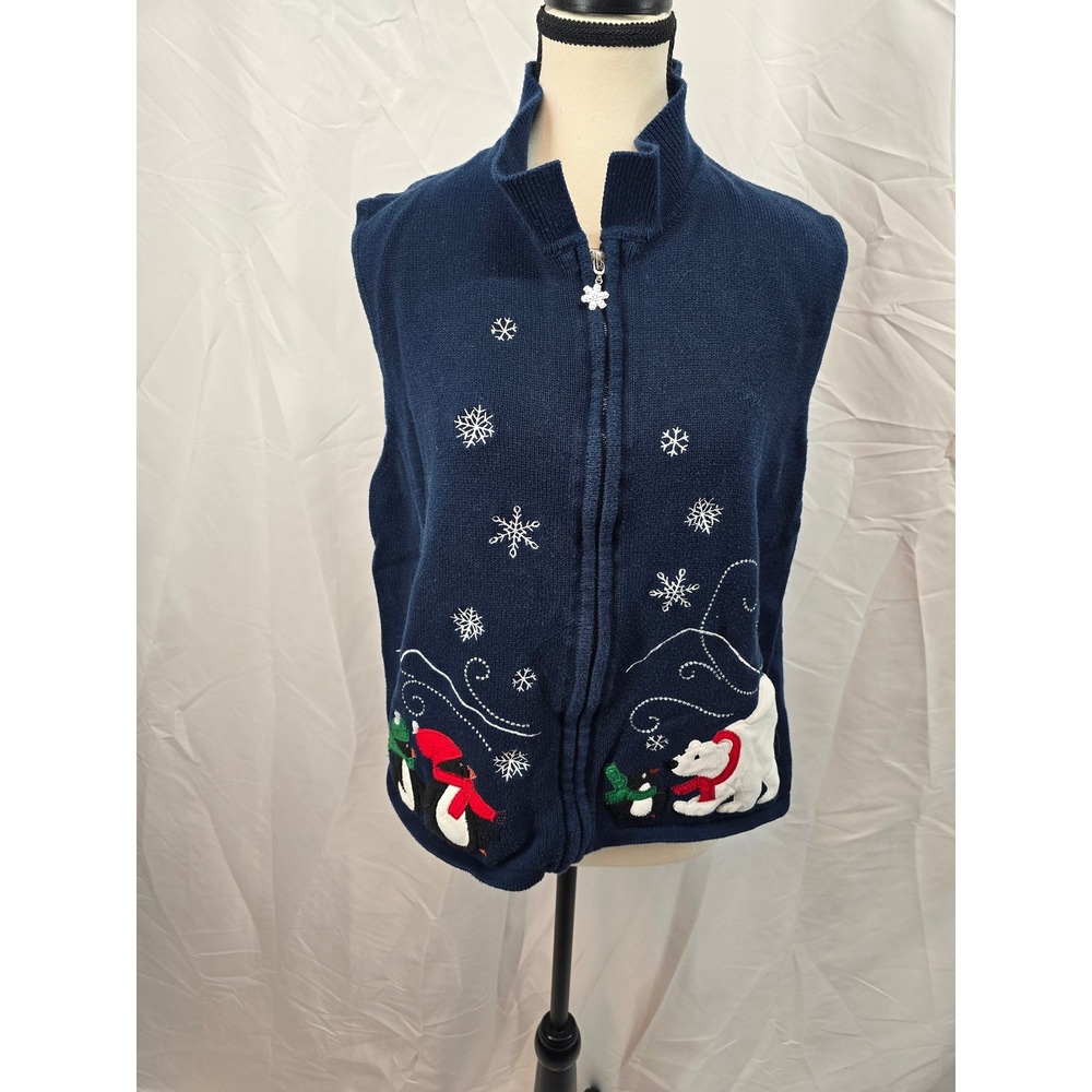 Southern Lady Navy Blue Women's Knit Vest Snowflake Penguin Polar Bear Size L